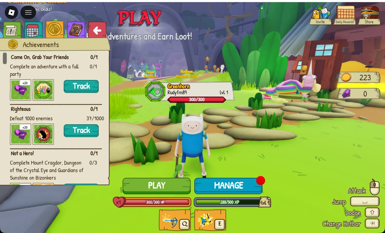 Adventure Time RPG achievements list with Gem rewards