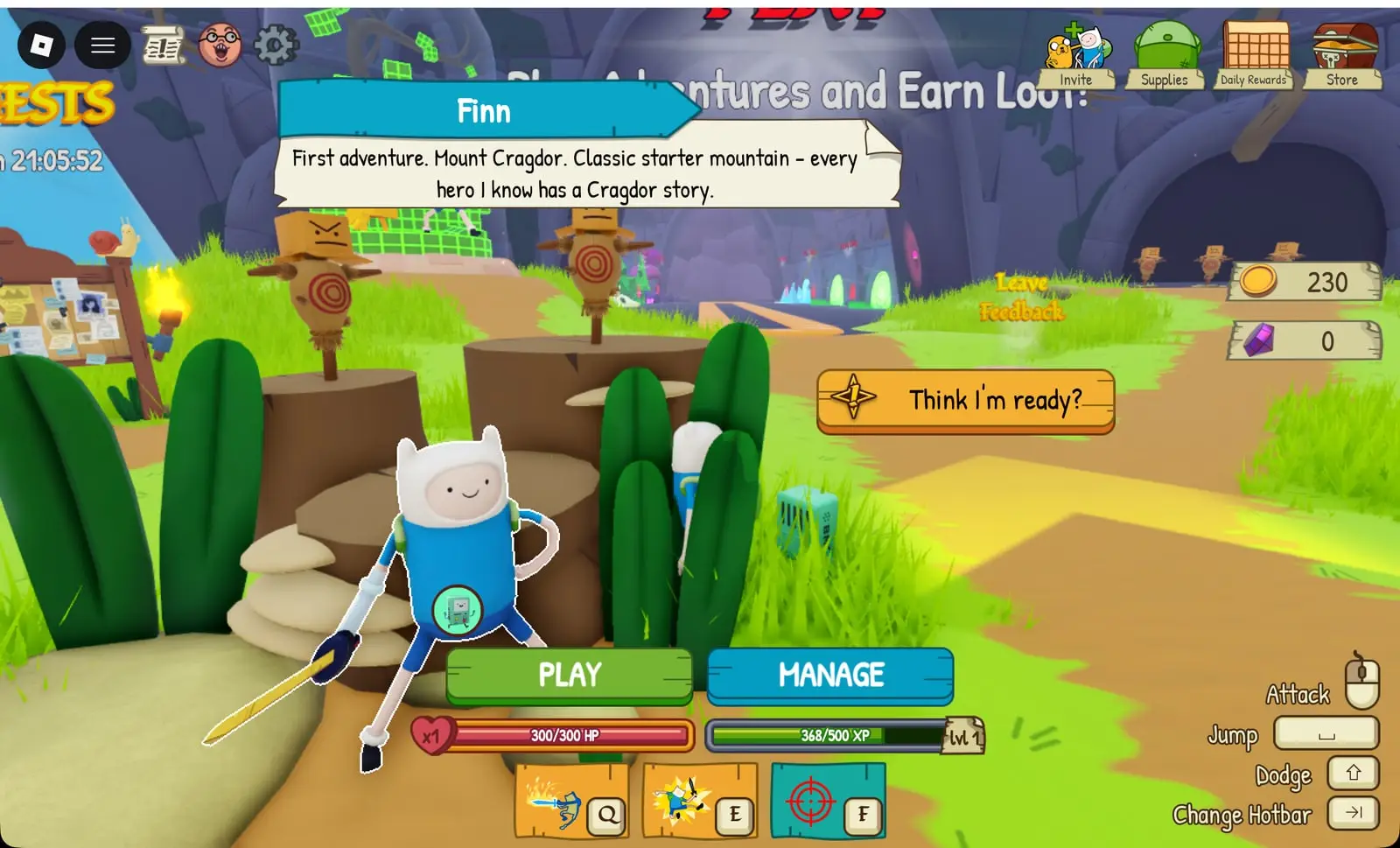 Finn sending you to Mount Cragdor after Buddy Up in Adventure Time RPG, with the new Supplies button at the top right