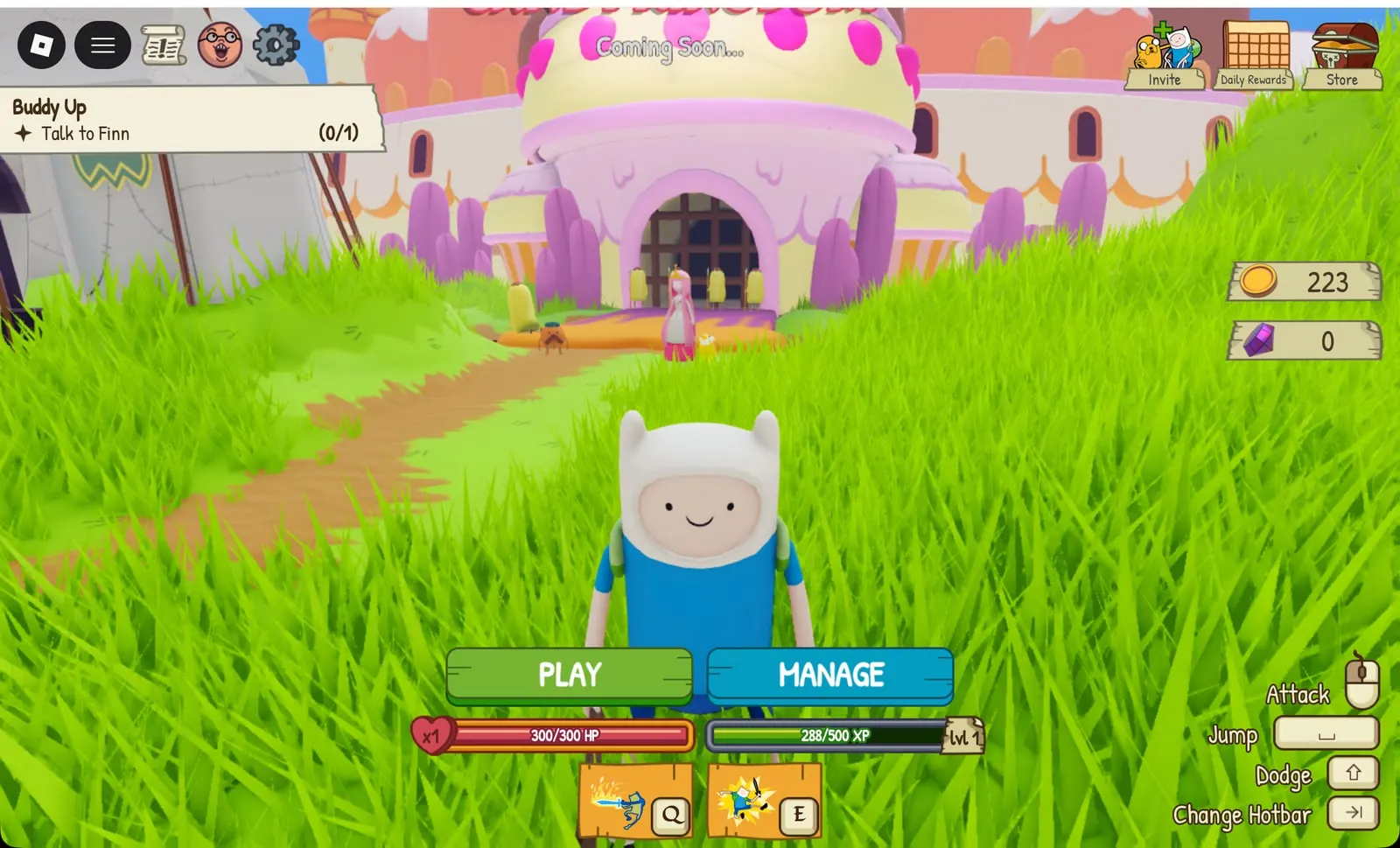 Finn in the tall grass in front of the Candy Kingdom gate in the Adventure Time RPG hub, marked Coming Soon