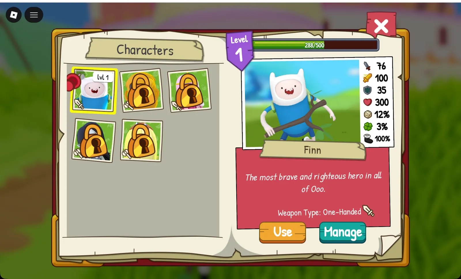 Adventure Time RPG Characters book with Finn selected and his level 1 stats