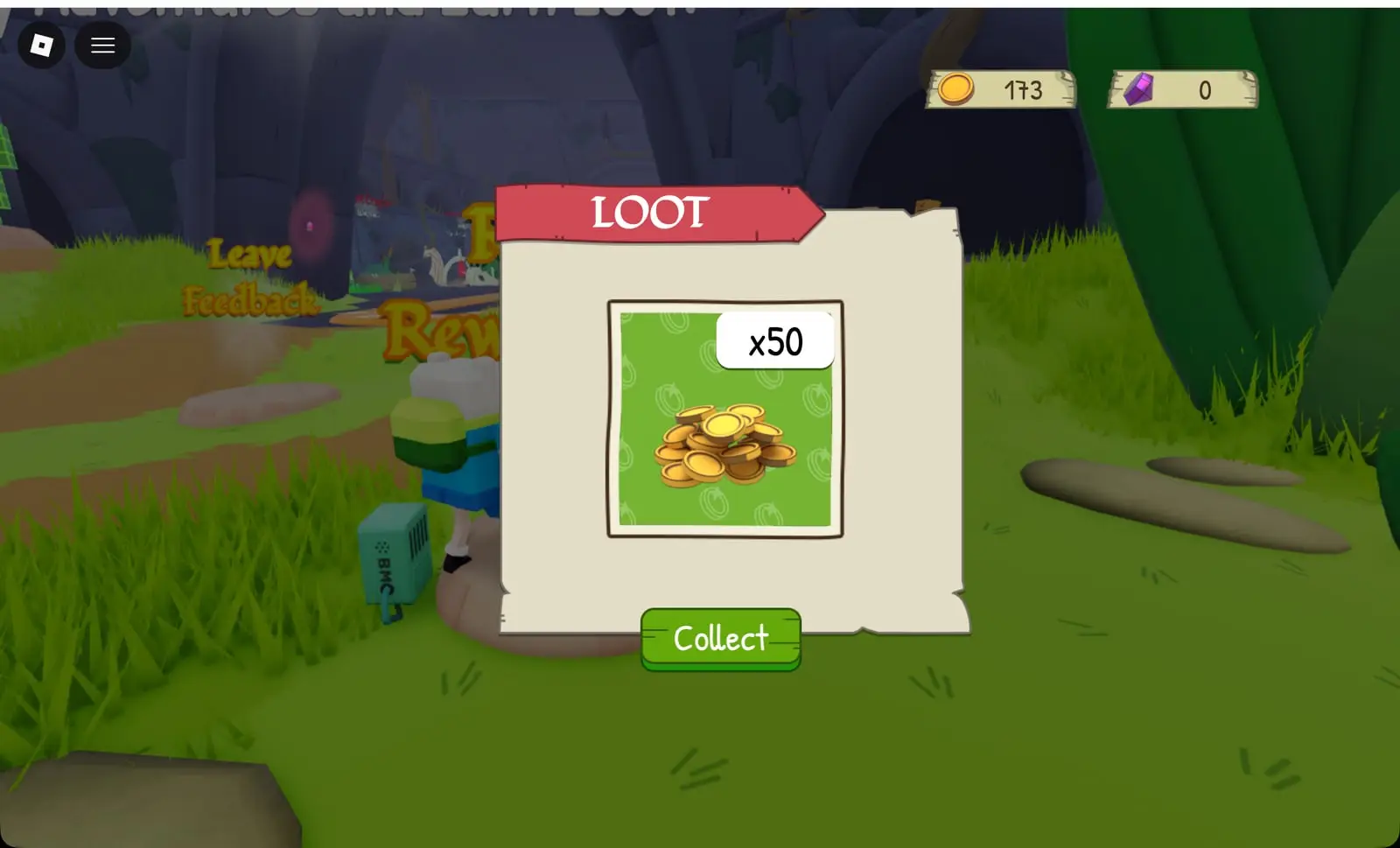 LOOT card showing x50 Coins after redeeming COINS50 in Adventure Time RPG, balance still at 173 Coins