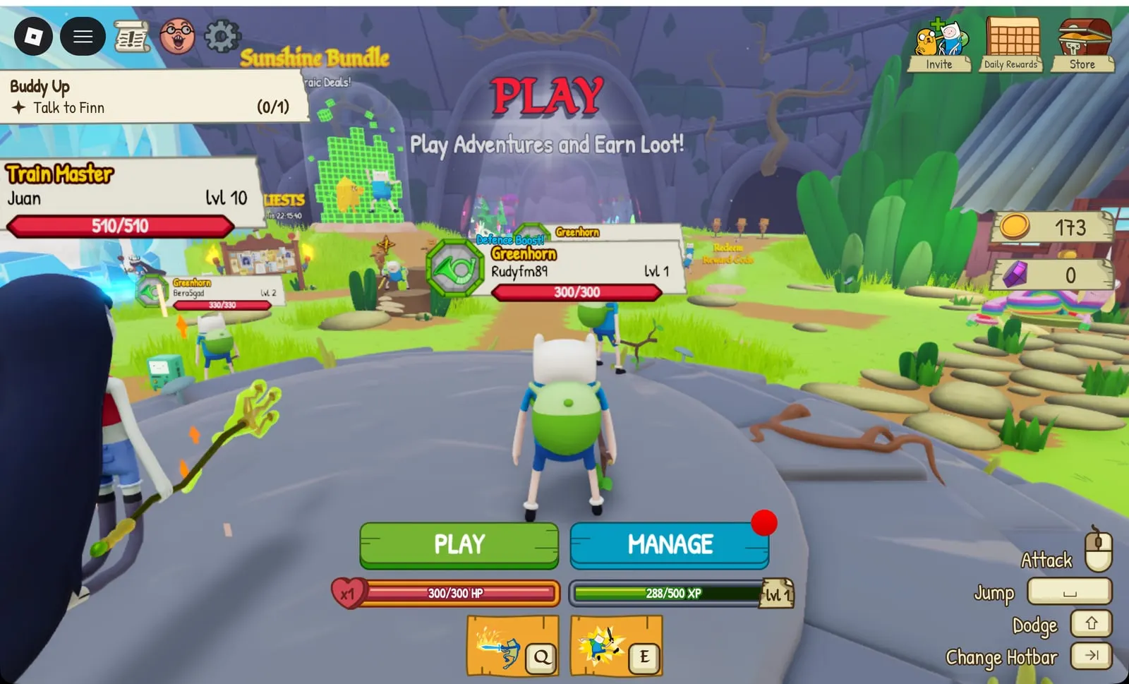 Adventure Time RPG hub with the Redeem Reward Codes sign next to the Play portal