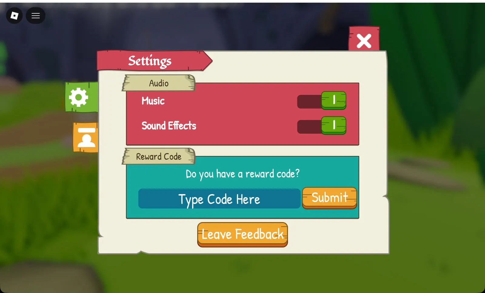 Adventure Time RPG Settings panel with the Reward Code box and Submit button