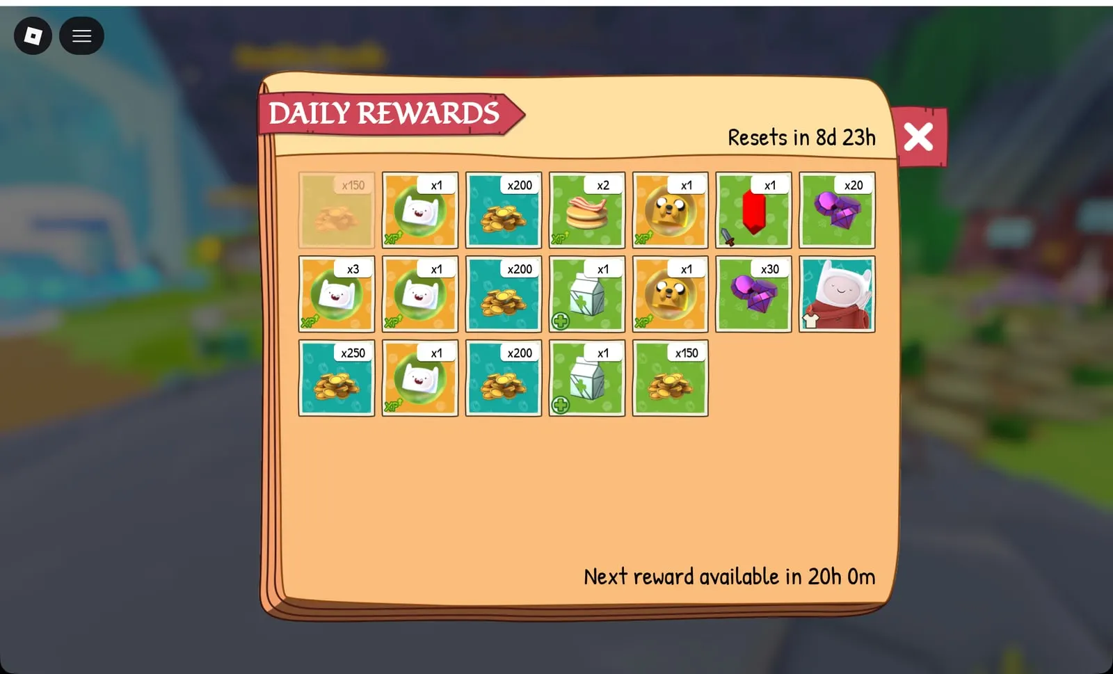 Adventure Time RPG Daily Rewards calendar with Coins and Gems