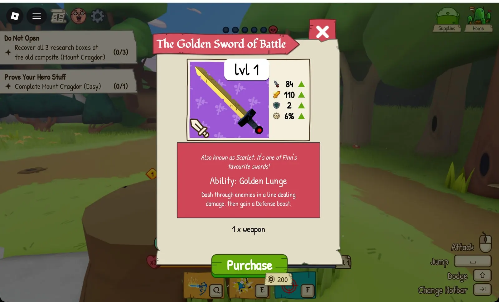 Adventure Time RPG The Golden Sword of Battle offer for 200 Robux during an adventure