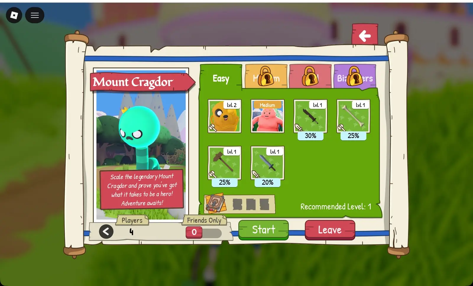 Mount Cragdor Easy rewards in Adventure Time RPG: Jake, a Medium-only hero and four weapons with 20–30% drop chances