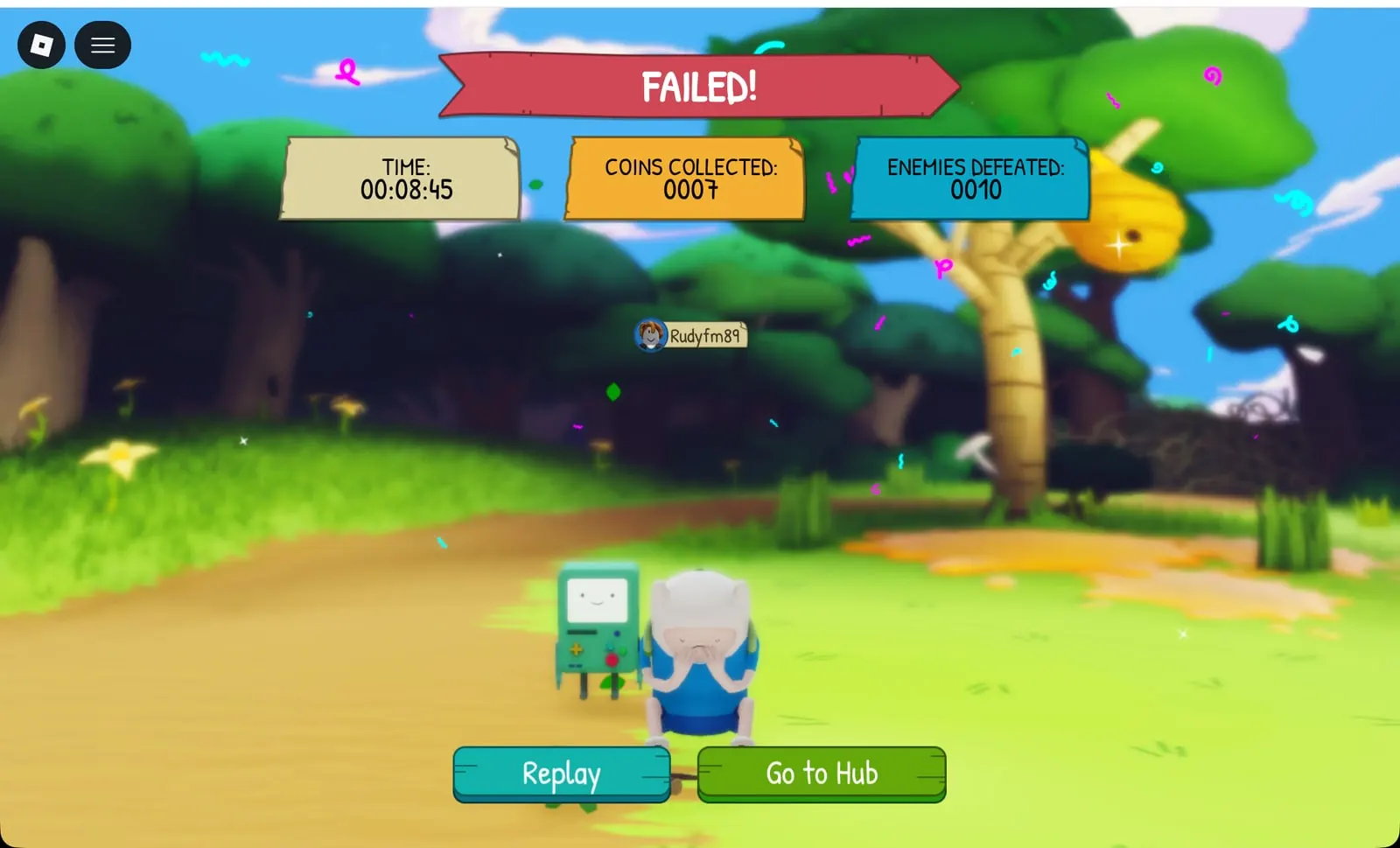 Adventure Time RPG FAILED result screen: time, coins collected and enemies defeated