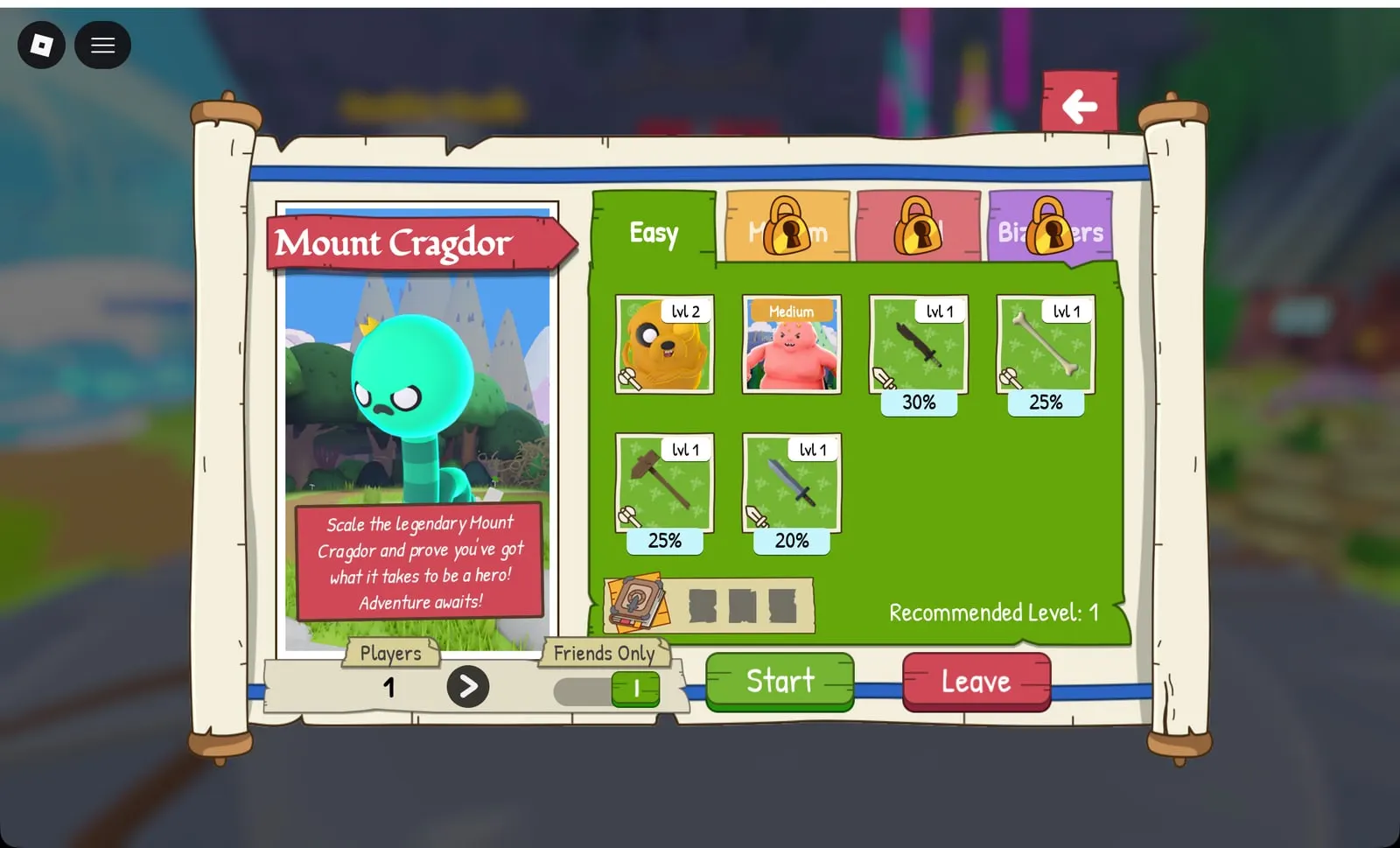 Adventure Time RPG Mount Cragdor party setup with Players 1 and Friends Only on