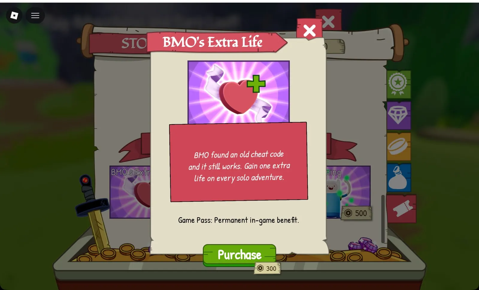 Adventure Time RPG BMO's Extra Life game pass: one extra life on every solo adventure, 300 Robux