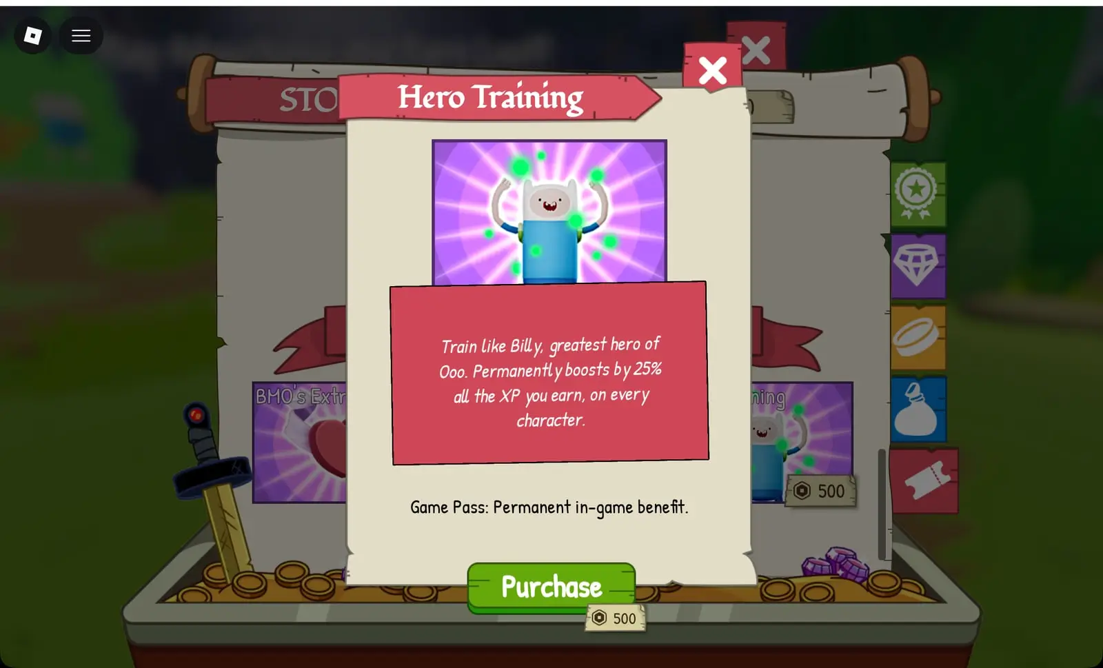 Adventure Time RPG Hero Training game pass for 500 Robux: permanently +25% XP on every character