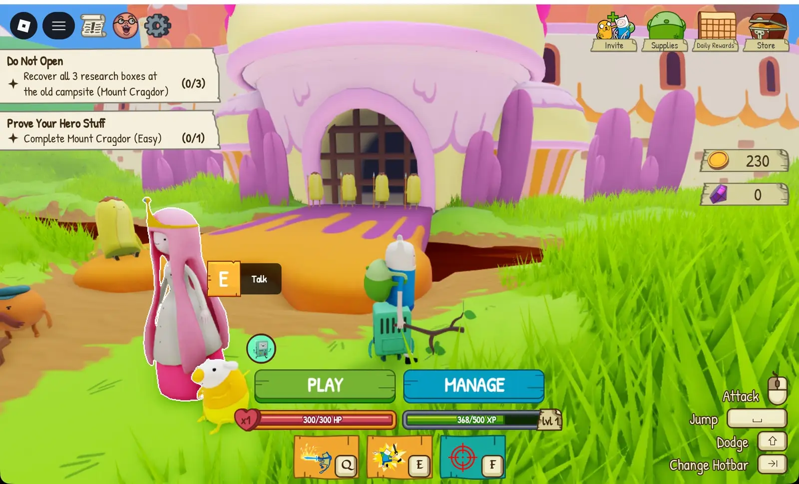 Princess Bubblegum in her lab coat at the Candy Kingdom gate in Adventure Time RPG, with the Do Not Open quest at 0/3
