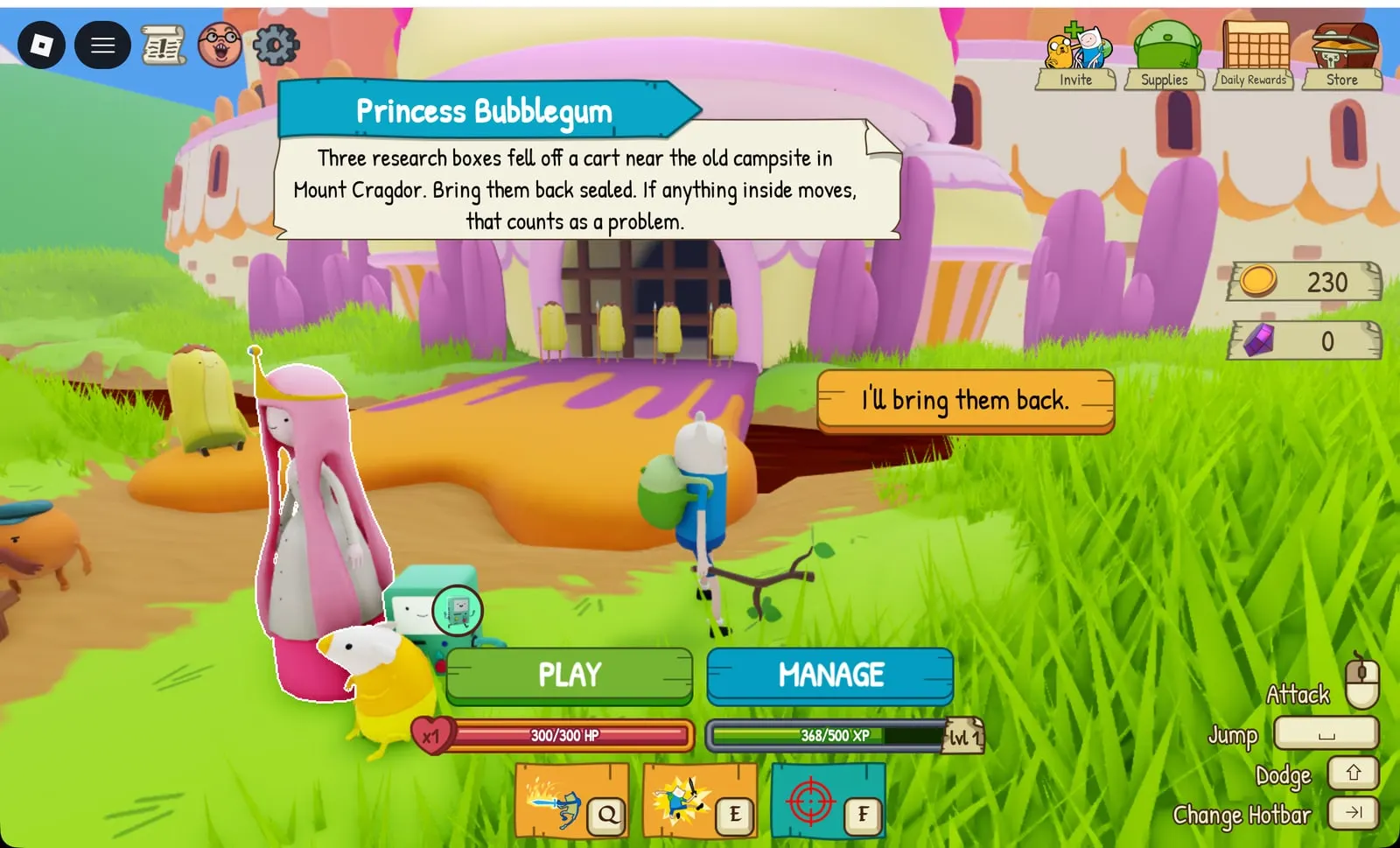 Adventure Time RPG Princess Bubblegum asking for three sealed research boxes from Mount Cragdor