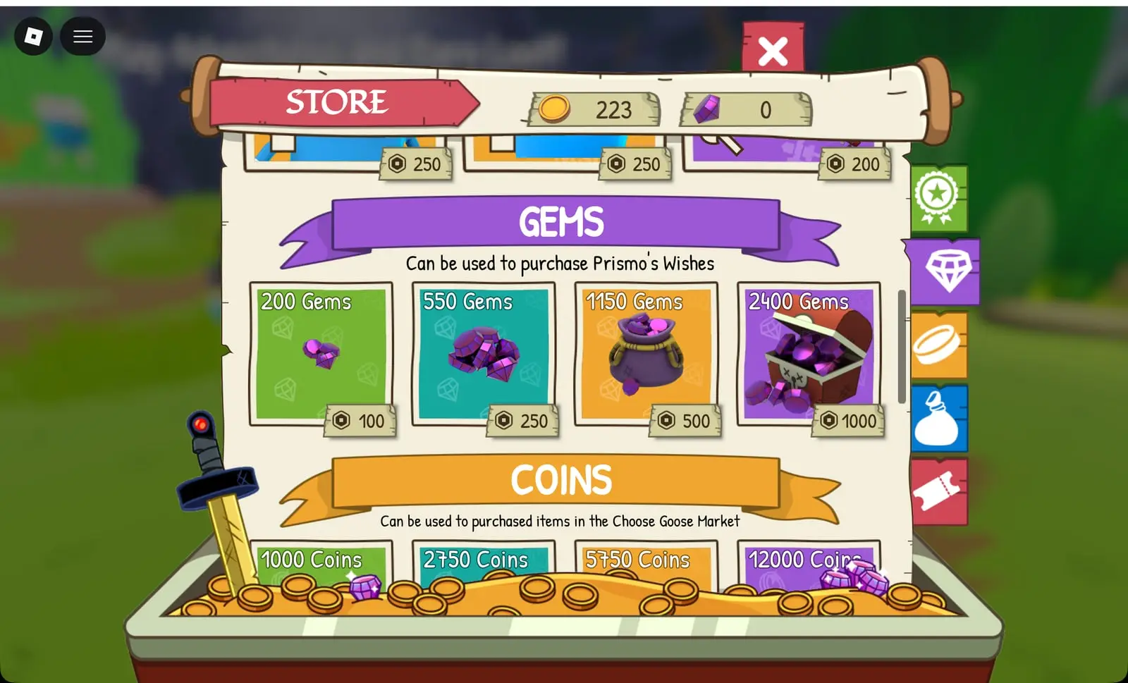 Adventure Time RPG Gems packs in the store: 200, 550, 1,150 and 2,400 Gems for 100 to 1,000 Robux