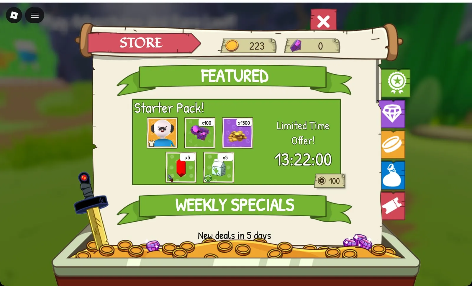 Adventure Time RPG store Featured tab with the Starter Pack for 100 Robux